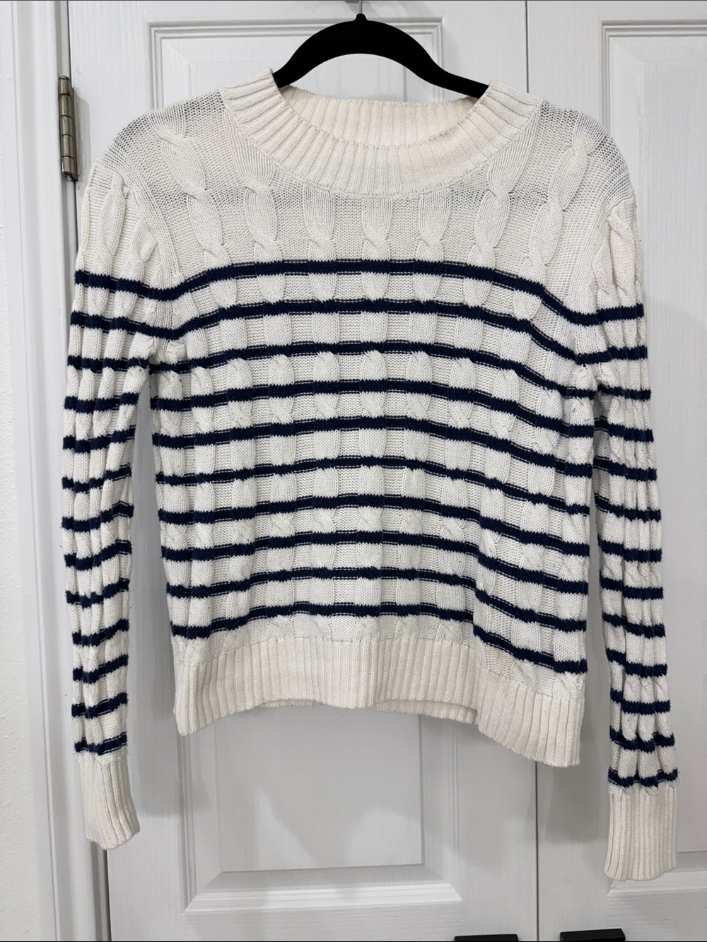 J.Crew Cable Knit Striped Cotton Sweater Ivory Navy Size Small